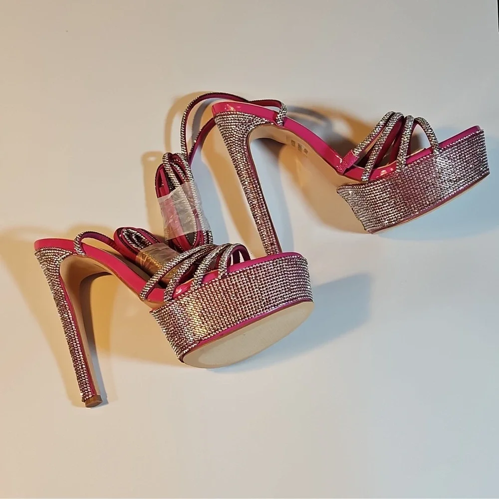 Cathy Din Hot Pink Silver Synthetic Rhinestone Platform Strappy Lace Up 7.5